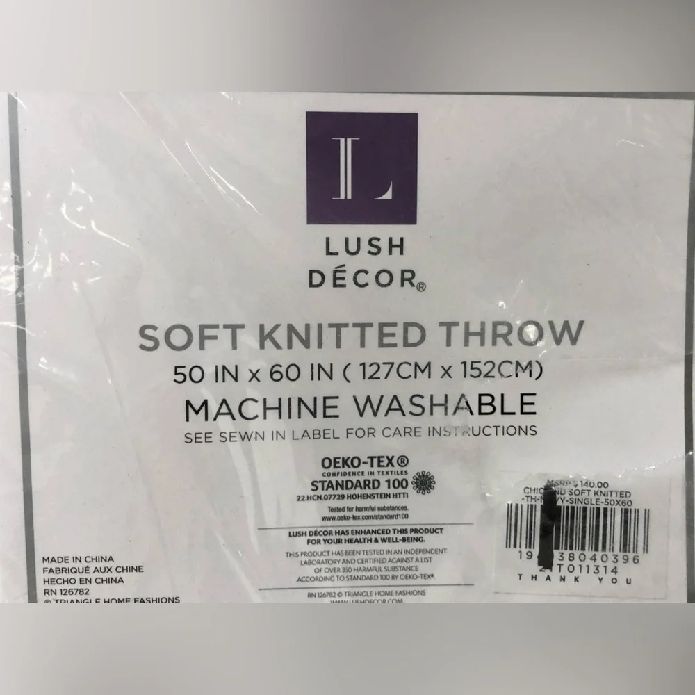 NWT Lush Decor Navy White Knitted Throw Blanket Home Cozy Knit Winter Warm Boho